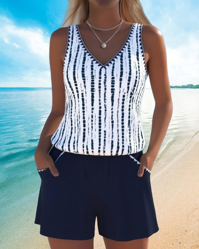 Printed Two-Piece Swimsuit with Relaxed V-Neck