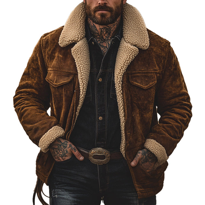 Men's Retro Solid Colour Corduroy Lambswool Lining Warm Shorts Coat