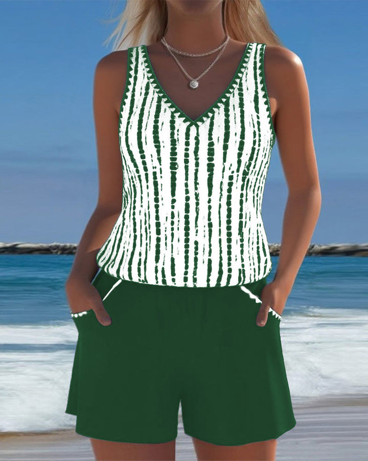 Printed Two-Piece Swimsuit with Relaxed V-Neck