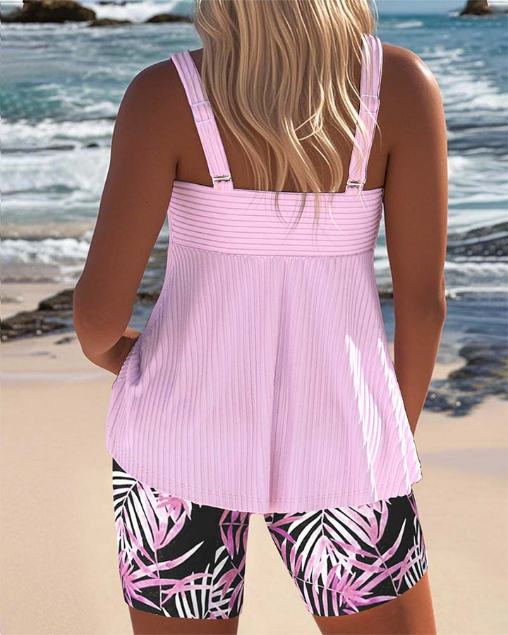 Striped Tankini Top Paired with Printed Beach Shorts