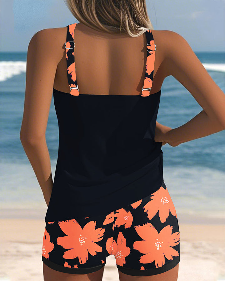 Printed U-Neck Sleeveless Tankini with Boxer Bottom