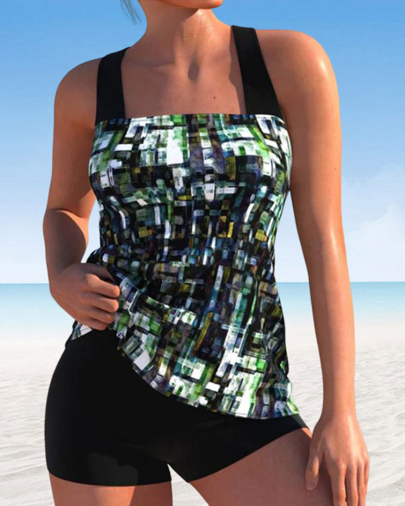 Wide-Strap Patterned Tankini