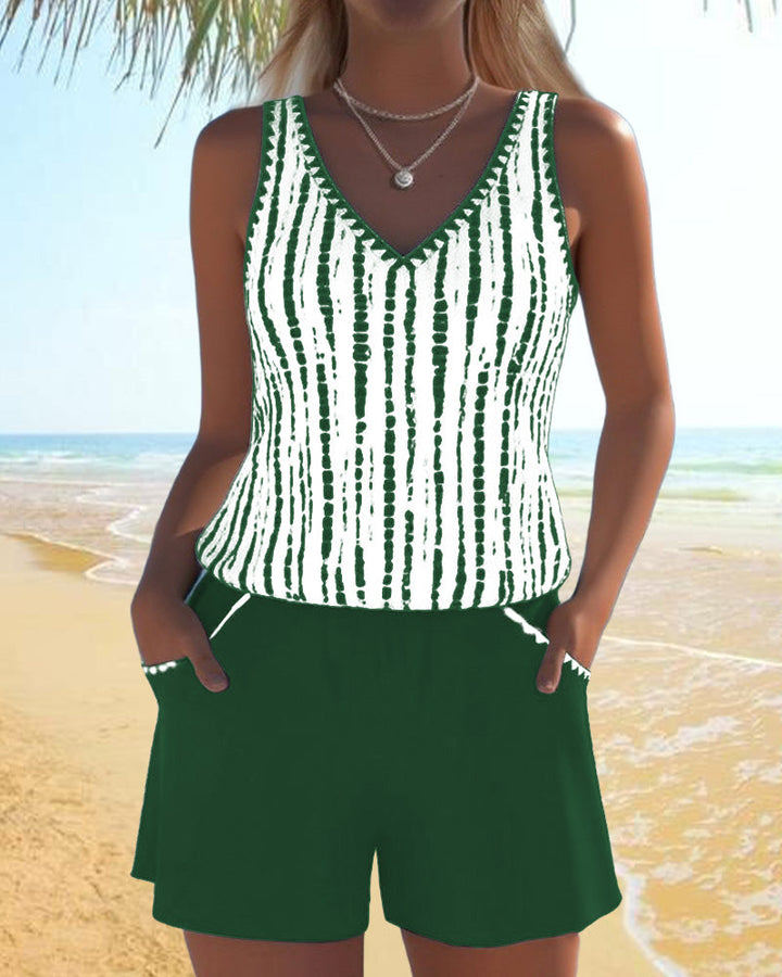 Printed Two-Piece Swimsuit with Relaxed V-Neck