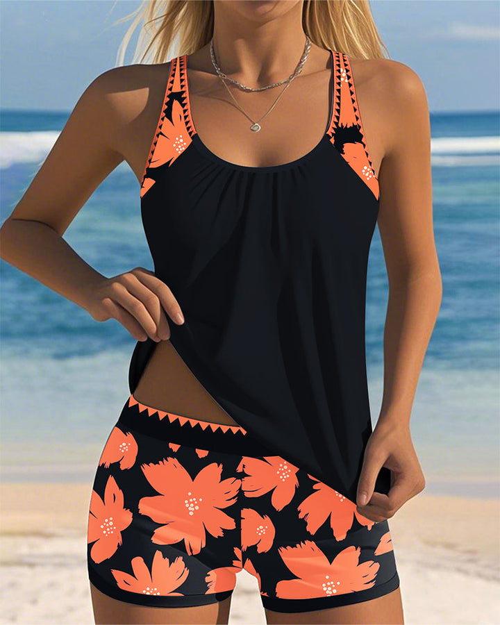 Printed U-Neck Sleeveless Tankini with Boxer Bottom