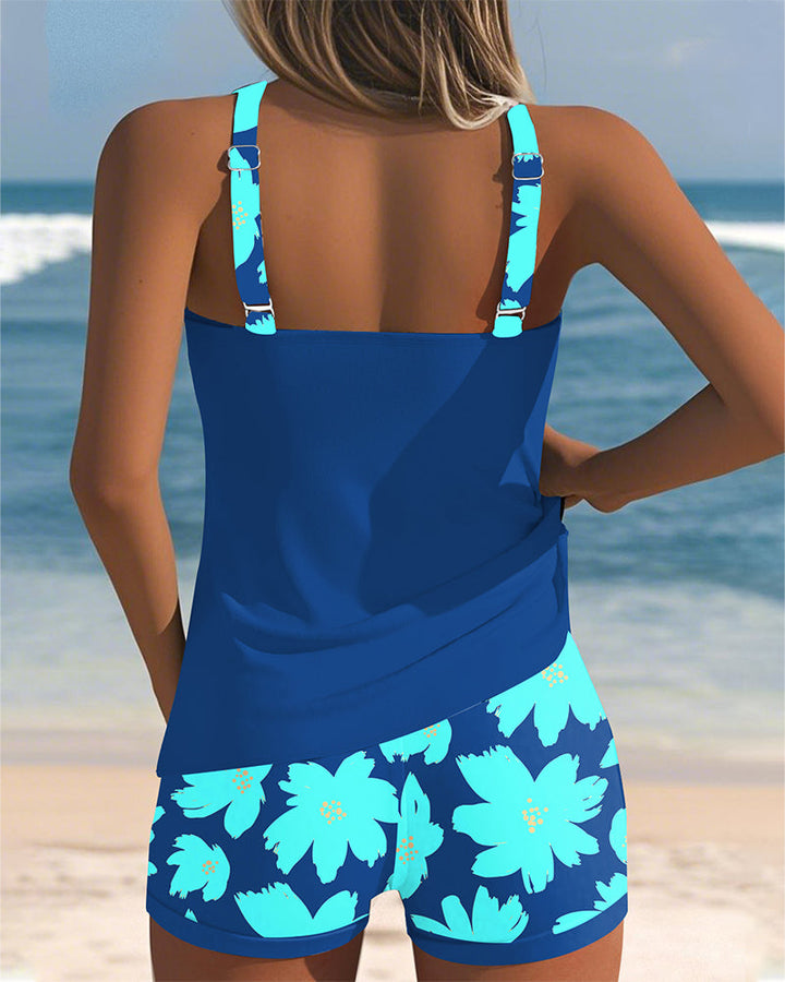 Printed U-Neck Sleeveless Tankini with Boxer Bottom