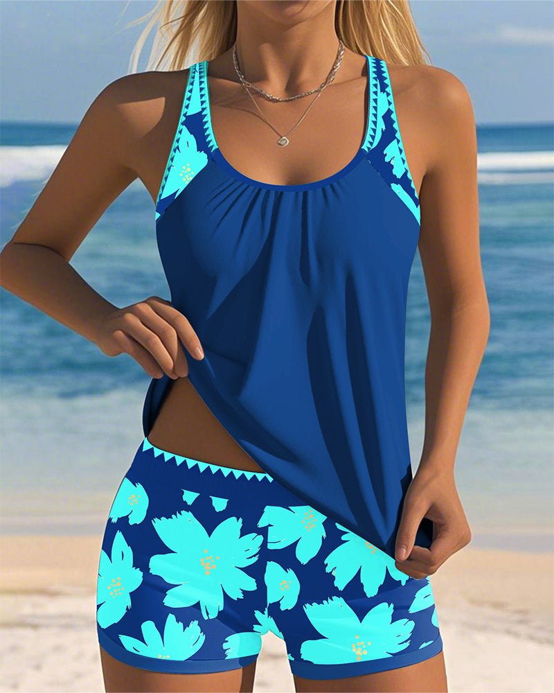 Printed U-Neck Sleeveless Tankini with Boxer Bottom