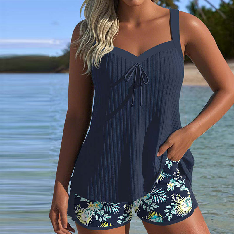 Striped Tankini with Split Swim Shorts