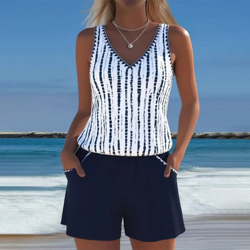 Printed Two-Piece Swimsuit with Relaxed V-Neck