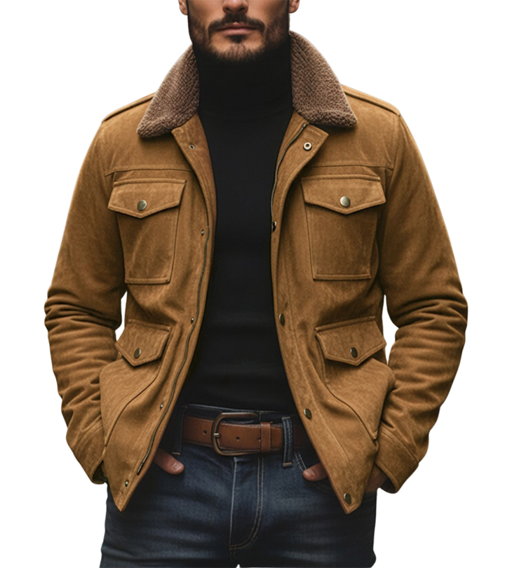 Men's Vintage Suede Fleece Collar Patchwork Multi-Pocket Zipper Coat