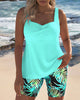 Striped Tankini Top Paired with Printed Beach Shorts