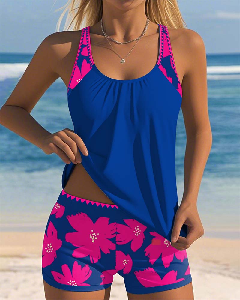 Printed U-Neck Sleeveless Tankini with Boxer Bottom
