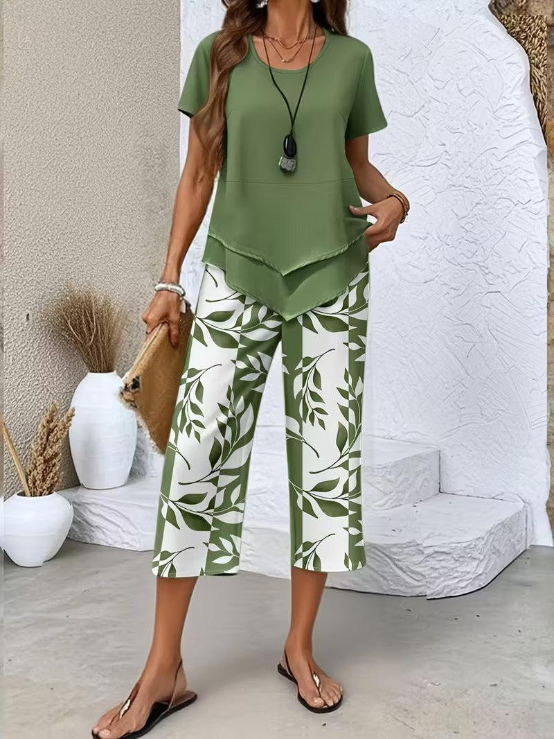 Elmyra | Elegant Leaf Print Two-Piece Set