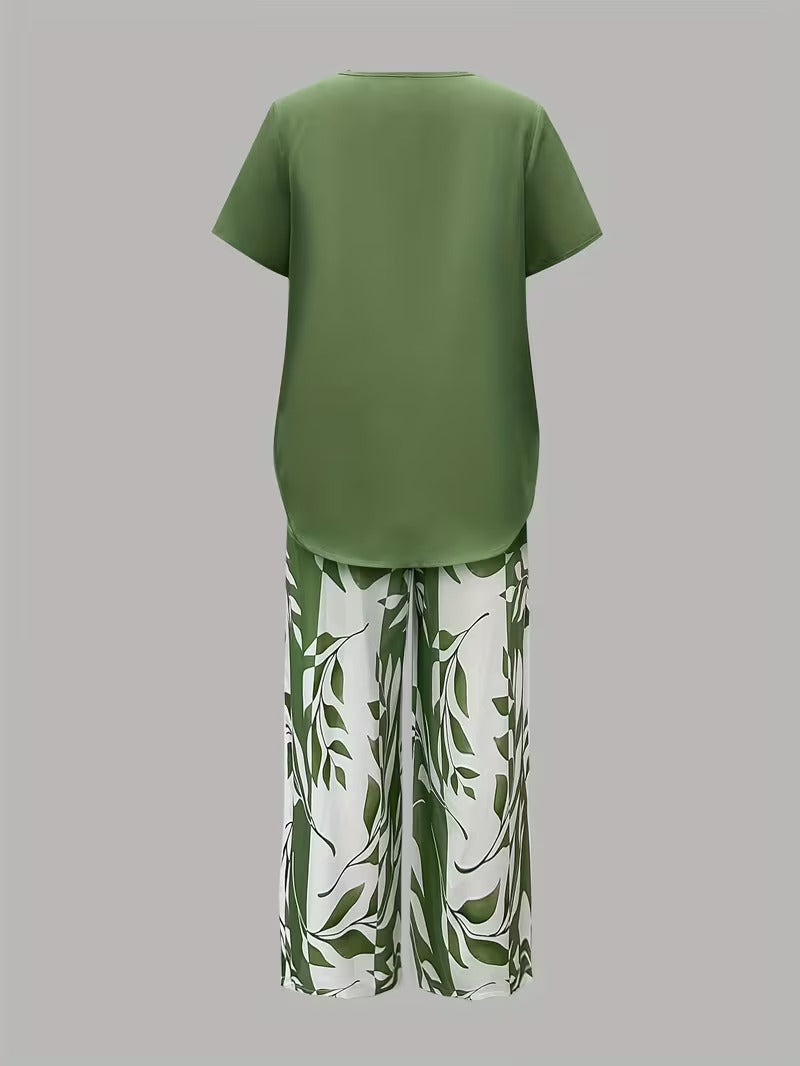 Elmyra | Elegant Leaf Print Two-Piece Set