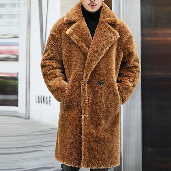 Men's Warm Solid Colour Teddy Plush Lapel Long Coat