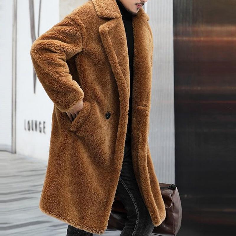 Men's Warm Solid Colour Teddy Plush Lapel Long Coat