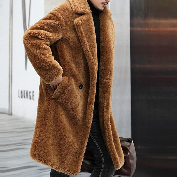 Men's Warm Solid Colour Teddy Plush Lapel Long Coat