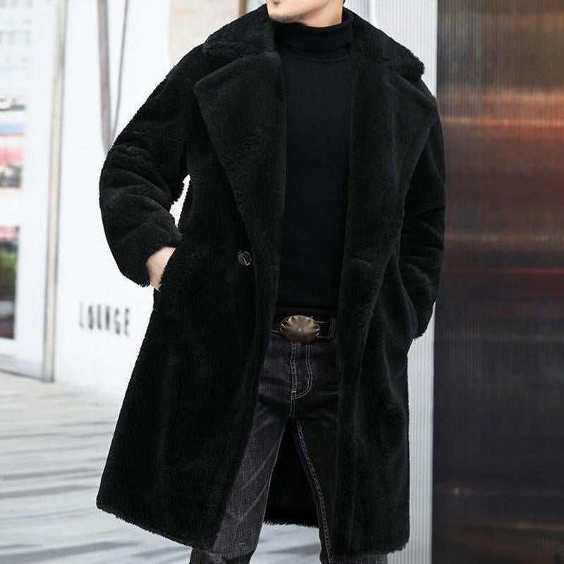 Men's Warm Solid Colour Teddy Plush Lapel Long Coat