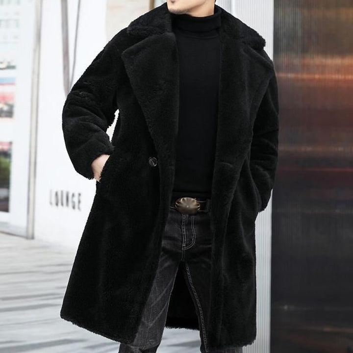 Men's Warm Solid Colour Teddy Plush Lapel Long Coat