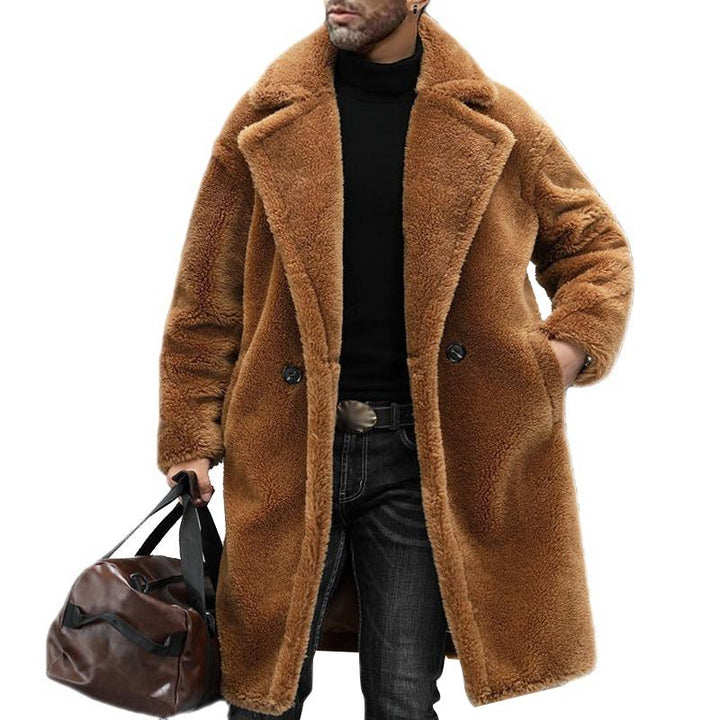 Men's Warm Solid Colour Teddy Plush Lapel Long Coat