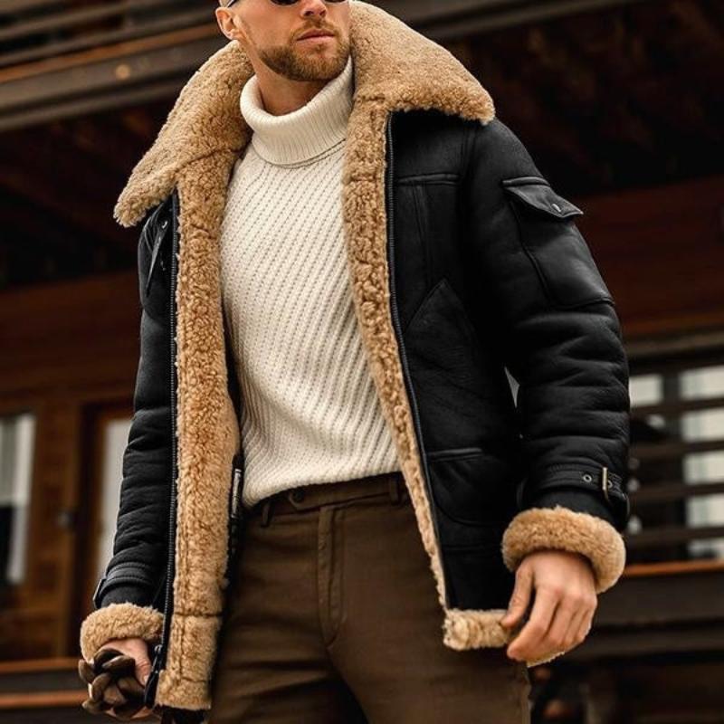 Men's Vintage Winter Lambswool Warm Lapel Multi-pocket Thick Coat