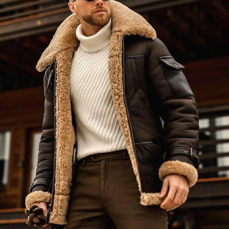 Men's Vintage Winter Lambswool Warm Lapel Multi-pocket Thick Coat