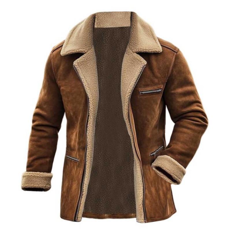 Men's Fleece Suede Lapel Single-Breasted Multi-Pocket Coat