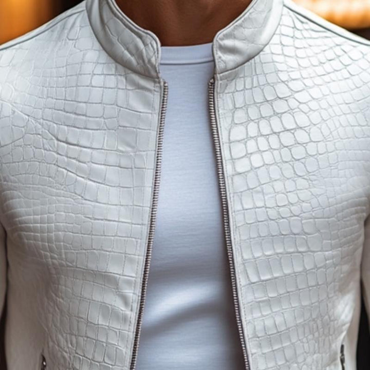 Men's Fashion Stone Pattern Stand Collar Zipper Slim Fit Leather Jacket
