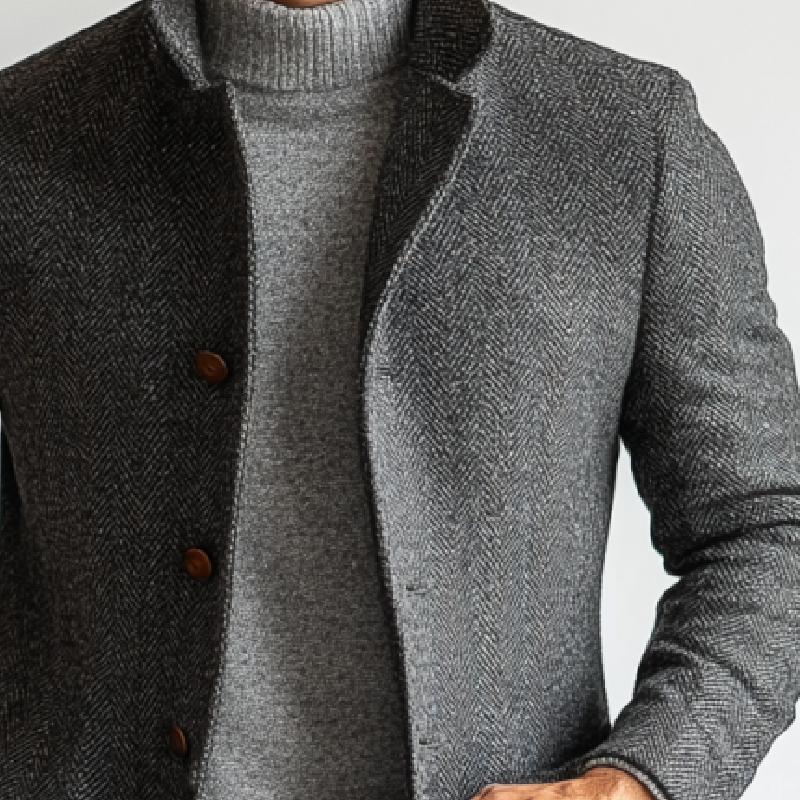 Men's Retro Herringbone Woollen Single-Breasted Mid-Length Coat