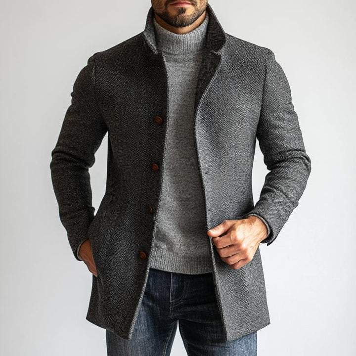 Men's Retro Herringbone Woollen Single-Breasted Mid-Length Coat