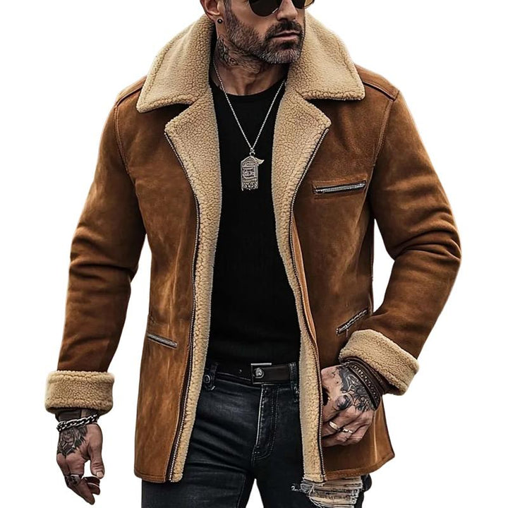 Men's Fleece Suede Lapel Single-Breasted Multi-Pocket Coat