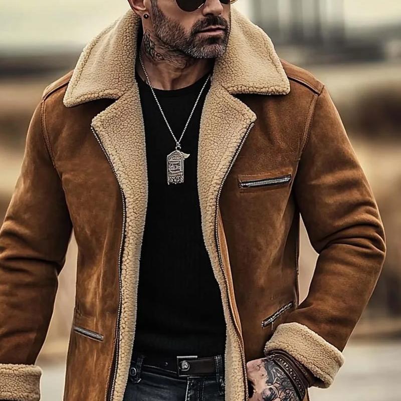 Men's Fleece Suede Lapel Single-Breasted Multi-Pocket Coat