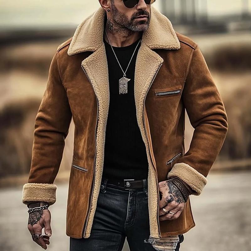 Men's Fleece Suede Lapel Single-Breasted Multi-Pocket Coat